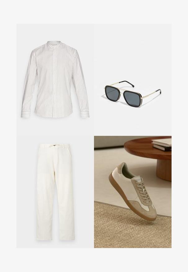Hosszúujjú ing világos bézs és fehér függőleges csíkos mintával. Álló gallérral és gombos záródással rendelkezik, amelyhez illeszkedő mandzsetták tartoznak.; Világos bézs színű vászon nadrág, egyenes szabással, állítható húzózsinórral és két oldalsó zsebbel. Simább textúra és minimalista dizájn.; Könnyű sneaker, fehér bőr felsőrésszel, bézs velúr díszítéssel, kerek orral és texturált barna gumitalppal.; Fekete és arany napszemüveg, négyzet alakú, fémből készült kerettel, sötétszürke lencsékkel és fekete karvégekkel. Dupla híd kialakítással rendelkezik.