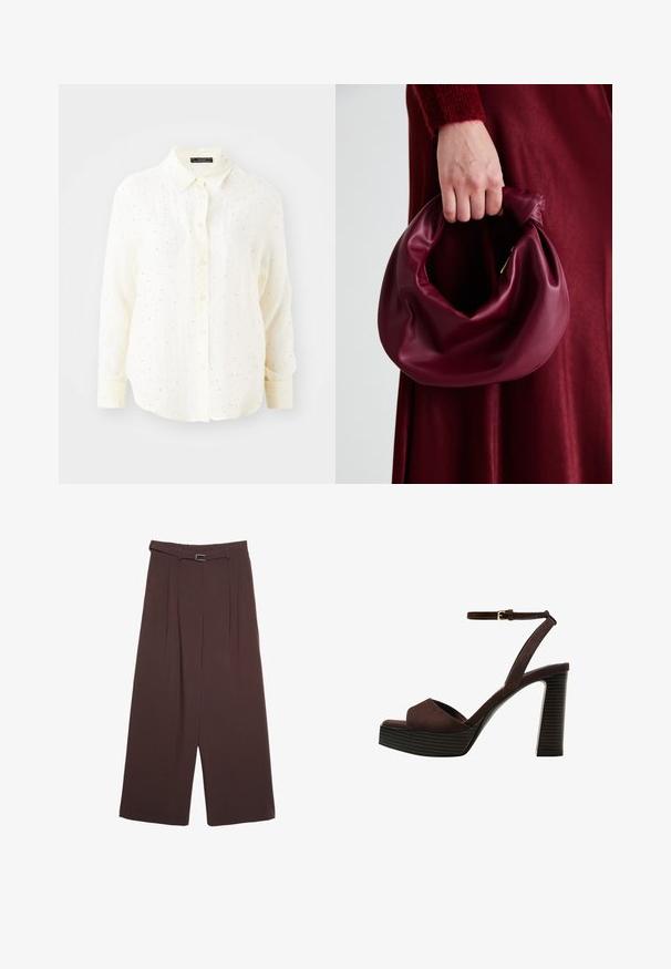 Long-sleeve button-up shirt in cream with button-down collar, featuring a light texture and scattered silver dot accents.; Stradivarius WIDE-LEG WITH BUCKLE DETAIL - Trousers - dark brown; Brown suede high-heeled sandal with an open toe, adjustable ankle strap, and a striped platform sole.; Burgundy leather handbag with a soft, gathered design and a rounded shape. The handle is secured, showcasing a smooth texture.