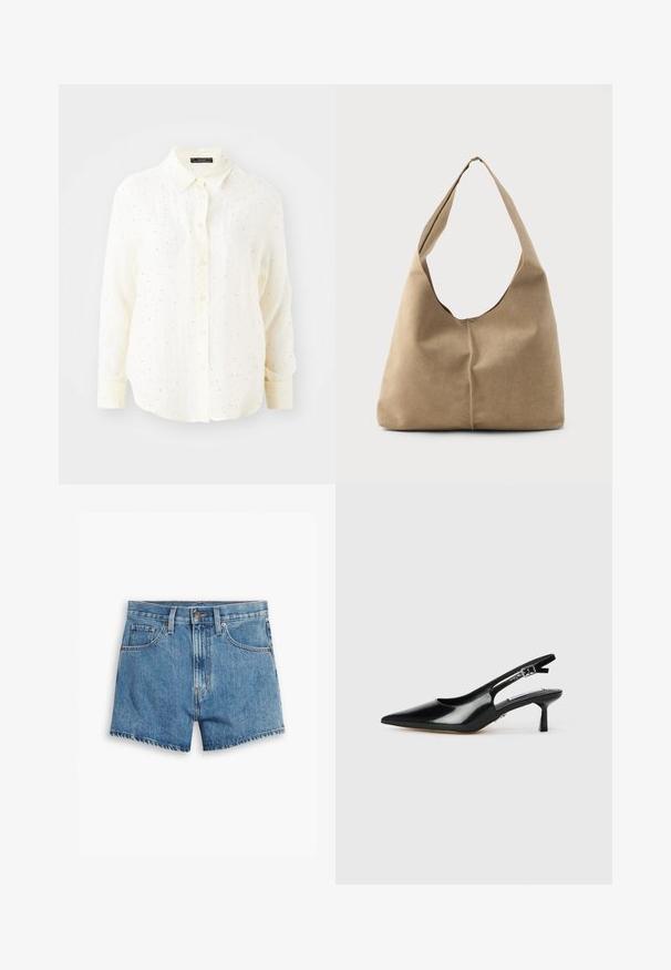 Krátké rukávy košile s knoflíky v krémové barvě, s límcem na knoflíky, s jemnou texturou a rozptýlenými stříbrnými tečkami.; Džínové šortky v světle modré barvě, s pěti kapsami, zipovým zapínáním a knoflíkovým uzávěrem. Lem je roztrhaný s uvolněným střihem.; Černé lakované lodičky se špičatou špičkou, tenkým podpatkem a nastavovacím sponou. Hladký povrch s minimálními detaily.; Taška hobo v měkké béžové semišové kůži s uvolněným tvarem, širokým ramenním popruhem a ručně šitým švem na přední straně.