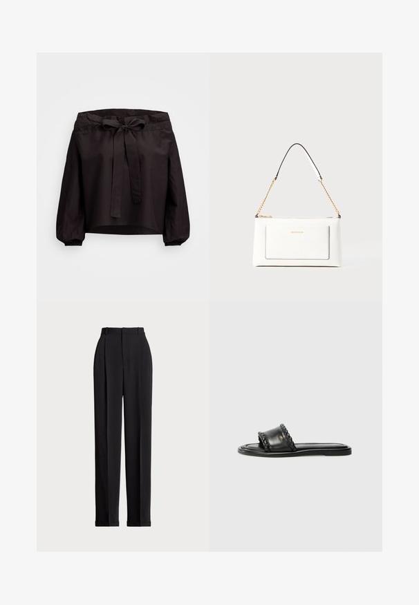 Top preto cropped com cintura ajustada, apresentando um laço na frente e punhos elásticos. Feito de tecido leve com uma textura suave.; Calças pretas ajustadas com uma cintura alta, apresentando pregas na frente, um design de perna reta e bainha com punho. Feitas de tecido suave.; Sandal preto em couro com detalhe de fita trançada, sola plana e design elegante. Textura suave e perfil minimalista.; Bolsa de mão branca em couro com acabamento texturizado, featuring a corrente dourada e detalhes pretos. Inclui um bolso frontal e fecho com zipper.