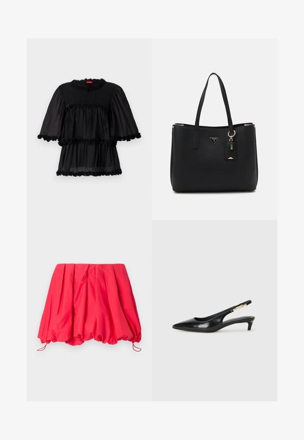 Juodas lengvas palaidinės viršus su apvaliu iškirpimu, trumpomis pūkinėmis rankovėmis ir trimis sluoksniais volanų, papuoštų gėlių apvadu.; Raudonas, klostuotas mini sijonas, pagamintas iš lengvos medžiagos; turi elastinį apatinį kraštą su raišteliais, leidžiančiais reguliuoti dydį. Sklandus paviršius.; Juodas odinis pavasario batelių modelis su smailiu nosiu, turintis siaurą kulniuką ir auksinės spalvos akcentu reguliuojamoje juostoje. Lygi tekstūra.; Juodas pirkinių krepšys, pagamintas iš tekstūruotos sintetinės medžiagos, su dviem rankenomis, auksine logotipo plokšte ir maža etikete su akcentu.