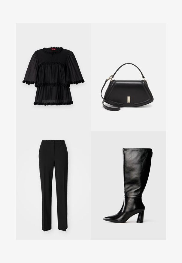 Schwarze leichte Bluse mit rundem Ausschnitt, kurzen Puffärmeln und dreifach gestuften Rüschen, die mit einer blumigen Borte verziert sind.; Schwarze, taillierte Hose mit geradem Bein, aus einem glatten Stoff und mit klaren Falten an der Vorderseite. Keine sichtbare Hardware.; Knöchelhohe schwarze Lederstiefel mit einer spitzen Zehe, glatter Oberfläche und einem klobigen Absatz. Verfügt über einen Reißverschluss hinten.; Schwarze Lederhandtasche mit einem strukturierten Design, das eine verkürzte Form, einen oberen Griff und goldfarbene Hardware-Details aufweist. Verstellbarer Schulterriemen ist enthalten.