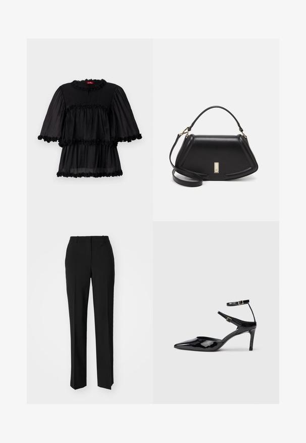 Czarna lekka bluzka z okrągłym dekoltem, krótkimi bufkami i trzema warstwami falbanek ozdobionymi kwiatowym wykończeniem.; Czarne spodnie o dopasowanym kroju z prostymi nogawkami, o gładkiej fakturze i wyraźnych zagięciach z przodu. Bez widocznych elementów metalowych.; Czarne lakierowane szpilki z ostrym noskiem, regulowanymi paskami wokół kostki i smukłą szpilką. Gładka tekstura z błyszczącym wykończeniem.; Czarna skórzana torebka o strukturalnym designie, z przyciętą formą, górnym uchwytem i złotymi akcentami. W zestawie regulowany pasek na ramię.