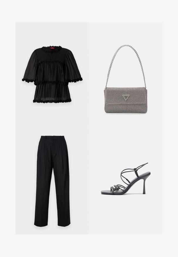 Blouse légère noire présentant un col rond, des manches courtes bouffantes et trois volants superposés ornés d'une bordure florale.; Pantalons noirs au design ajusté, avec une taille haute, des plis et une coupe droite. Fabriqués en tissu lisse de couleur unie.; Des sandales noires à talons hauts avec des fines lanières au design noué, un bout carré lisse et un talon aiguille élégant.; Sac à main en métal gris clair avec une bandoulière en chaîne, orné de petits clous métalliques ronds et d'un logo de marque triangulaire.; Boucles d'oreilles en argent avec une finition lisse et brillante. Forme arrondie, conception légère, avec un fermoir à tige.