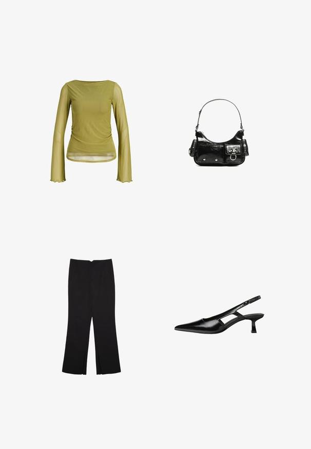 Maslinasto zelena majica dugih rukava od laganog, prozirnog materijala s naborima na struku i valovitim rubom rukava.; Crne hlače ravnog kroja, s prednjim džepovima i bočnim prorezima na rubu. Izrađene od mekog i glatkog materijala. Pogodne za razne prigode.; Crne lakirane natikače na remenčić sa špicastim nosom, dizajnom sa izrezima sa strane i malim kvadratnim potplatom. Glatka tekstura s minimalnim akcentima.; Crna patentna kožna torba s zakrivljenim oblikom, jednim remenom za rame, prednjim džepovima i akcentima od srebrnog tona.