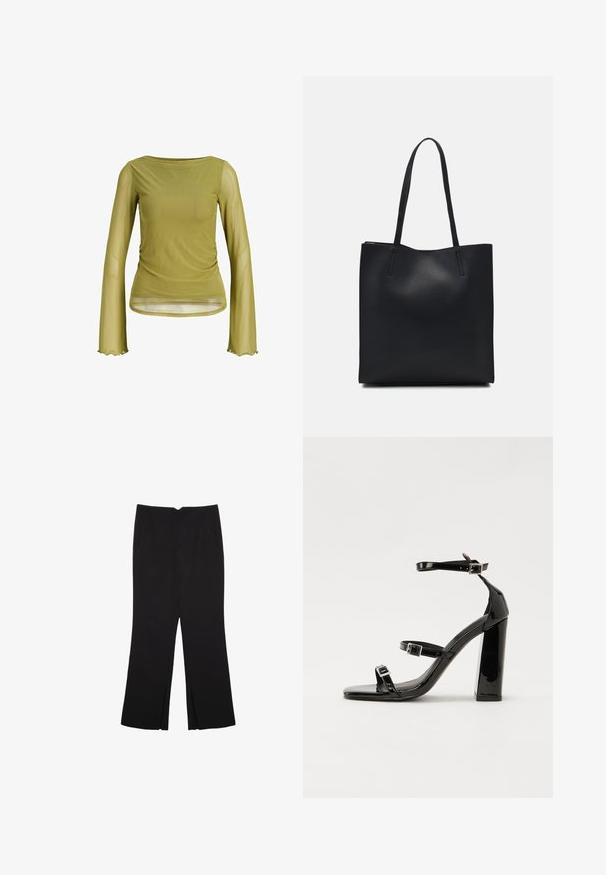 Maslinasto zelena majica dugih rukava od laganog, prozirnog materijala s naborima na struku i valovitim rubom rukava.; Crne hlače ravnog kroja, s prednjim džepovima i bočnim prorezima na rubu. Izrađene od mekog i glatkog materijala. Pogodne za razne prigode.; Crne lakirane sandale na pete sa kvadratnim nosom, trakama oko gležnja i srebrnim kopčama. Imaju čvrst blok petu za stabilnost.; Crna kožna torba za nošenje s glatkom teksturom, pravokutnim oblikom i dvije duge ručke. Nema vidljivih metalnih dijelova ili ukrasa.