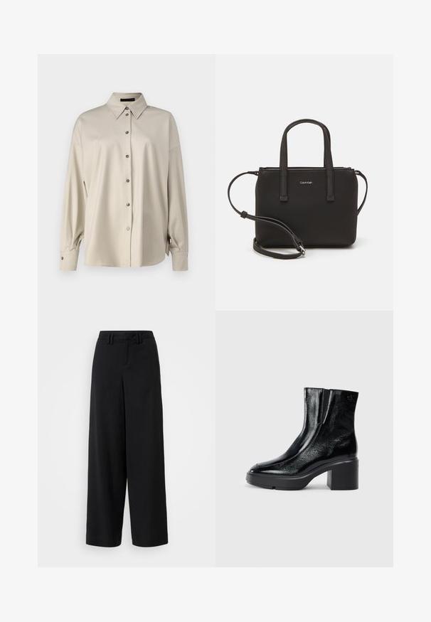 DRYKORN LYSILA - Button-down blouse - brown; Black wide-leg trousers made of smooth fabric, featuring a flat-front design, pleated details, and belt loops at the waistband.; Black patent leather ankle boots with a curved toe, elastic side panels, and a chunky block heel. Features embossed logo on the back.; Black handbag with dual short handles and a removable shoulder strap. Smooth leather-like material with a zip closure and logo detail.