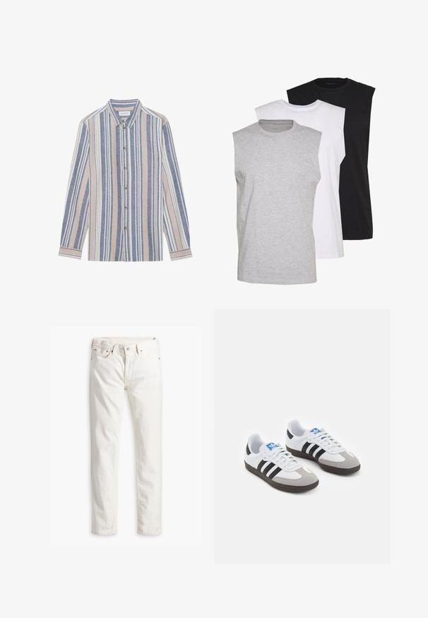 Langärmliges Hemd mit Knöpfen, das vertikale Streifen in Blau, Beige und Weiß zeigt. Hergestellt aus einem strukturierten Stoff, mit einem Kragen und Metallknöpfen.; Drei ärmellose T-Shirts in Grau, Weiß und Schwarz. Weiches Baumwollmaterial mit Rundhalsausschnitt und lockerer Passform. Einfaches Design, keine Muster.; Weiße Jeans im geraden Schnitt, fünf Taschen, Kupferknopf und Nieten sowie einem dezent strukturierten Stoff. Keine sichtbaren Muster.; Sportschuhe mit einem Obermaterial aus weißem Leder, grauer Wildleder-Zehenkappe und drei schwarzen Streifen. Sie verfügen über ein blaues Logo auf der Zunge und eine strukturierte Gummisohle.