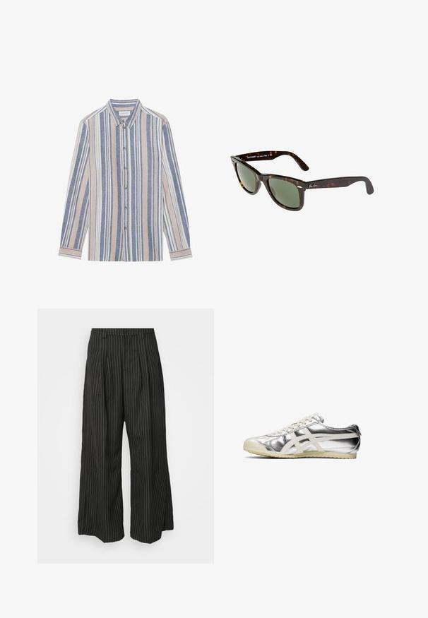 Button-up shirt with long sleeves, featuring vertical stripes in blue, beige, and white. Made of a textured fabric, with a collar and metal buttons.; Black pinstriped wide-leg trousers with pleats, featuring a tailored design and a soft texture. No visible hardware or accents.; Silver metallic sneaker with white accents and laces. Features a textured surface, rounded toe, and a rubber sole with a pattern for grip.; Wayfarer sunglasses with dark tortoiseshell plastic frame, green lenses, and silver Ray-Ban logo on the temple.