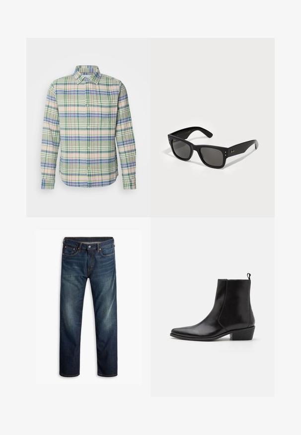 Ilga rankovė marškiniai iš minkštos medžiagos. Yra daugiaspalvis plaid raštas su žaliais, mėlynais ir rožiniais atspalviais. Mygtukų užsegimas priekyje ir apykaklė.; Tamsiai mėlynos džinsinės kelnės su nedideliu nusidevėjimu šlaunyse, penkių kišenių dizainas, mygtuko uždarymas ir matoma oranžinė siuvimo linija baltoje fone.; Zign LEATHER - Kaubojiški / motociklininko stiliaus aulinukai - black; Juodos saulės akinių su kvadratiniu rėmeliu, turinčiu tamsius objektyvus. Papuošti mažomis aukso taškeliais ir auksiniu logotipu ant šventyklo. Lygi tekstūra.