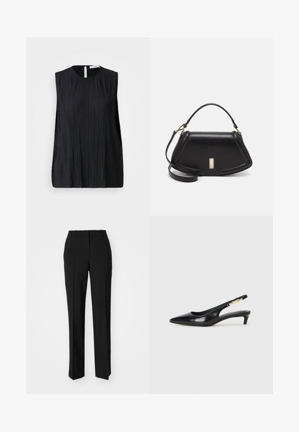 Samsøe Samsøe UMA - Bluse - black; Sorte skreddersydde bukser med rett silhuett, med en glatt tekstur og klare pressede bretter foran. Ingen synlig maskinvare.; Sorte lærreim hæler med spiss tå, som har en slank hæl og en gullfarget detalj på den justerbare stroppen. Glatt tekstur.; Sort lærveske med en strukturert design, som har en avkortet form, topphåndtak og detaljer i gull. Justerbar skulderstropp inkludert.
