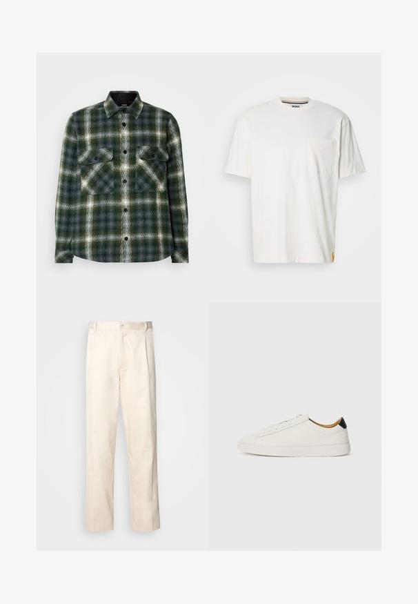 Flanelasta srajca v temno zeleni in sivi karirasti vzorec. Ima dve žepki na prsih, črne gumbe in klasičen ovratnik. Mehka tekstura.; Bela bombažna majica s krožnim vratom, kratkimi rokavi in žepom na levem prsnem delu. Ima majhen logotip na stranskem šivu.; Bež cottone hlače s ravnim krojem, ki imajo gumbasto zapiranje in nabore spredaj za dodatne detajle.; Bela tenisa s gladkim usnjem, okroglo konico in ravnim podplatom. Črn poudarek na peti, s toniranim vezalkami in minimalnim označevanjem.