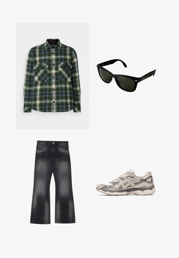 Flanellen shirt in een donker groen en grijs ruitpatroon. Heeft twee borstzakken, zwarte knopen en een klassieke kraag. Zachte textuur.; Zwarte flared jeans van denim met een vervaagde wassing, vijf zakken en contrasterende stiksels, met een licht wijde pijpopening.; Lichtgrijze sportschoen met een bovenwerk van mesh en suede. Beschikt over een gevoerde zool, uitgesproken overlays en een gestructureerd ontwerp.; Zwarte kunststof zonnebril met donkergroene lenzen. Het vierkante frameontwerp heeft zilveren accenten en een reliëflogo op de poot.