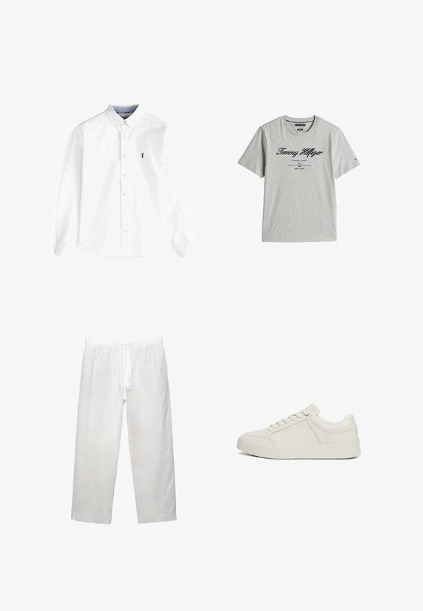 Weißes Langarmhemd aus Baumwolle mit Button-Down-Kragen, vorderer Knopfleiste und einem kleinen marineblauen Hummer-Logo auf der Brust.; Graues Baumwoll-T-Shirt mit V-Ausschnitt, kurzen Ärmeln und in Marineblau aufgedrucktem "Tommy Hilfiger". Enthält Branding- und Gründungsdatendetails.; Weiße Leinenhose mit elastischem Bund und Kordelzug, weitem Bein-Design und sauberen Nähten. Glatte Textur mit lässiger Passform.; Weiße Leder-Sneaker mit glatter Textur, runderZehe, flacher Gummisohle und komplexer Nahtführung. MitLogodetail an der Seite.