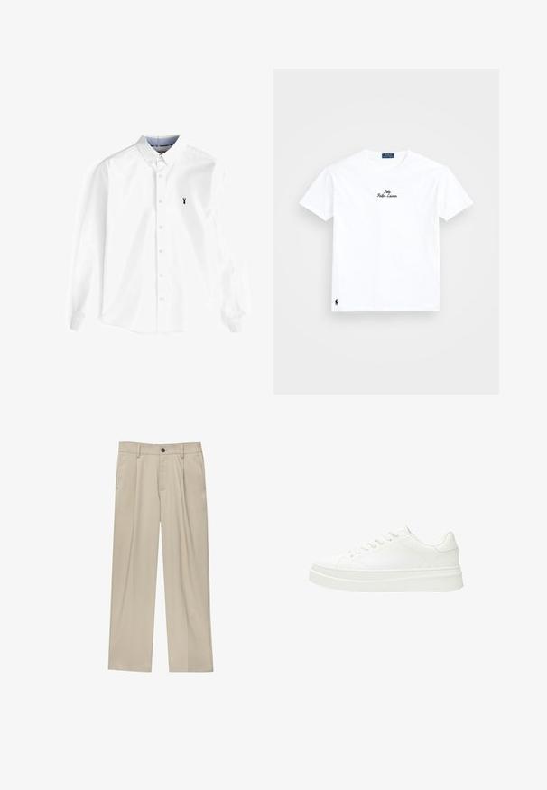 Cămașă albă cu mâneci lungi, din bumbac, dotată cu guler cu butoni, placket frontal cu butoni și un mic logo cu homar bleumarin pe piept.; T-shirt alb din bumbac, cu gât rotund, mâneci scurte, logo-ul brodat negru "Polo Ralph Lauren" pe piept și un mic logo negru pe tiv.; Pantaloni bej cu croi drept, dotati cu un singur nasture negru, bucle pentru centură și buzunare laterale. Textură de țesătură netedă și design minimal.; Sneaker alb cu un superior din piele netedă, șireturi plate și o talpă groasă din cauciuc. Design minimalist cu o cusătură subtilă și accente fără sudură.