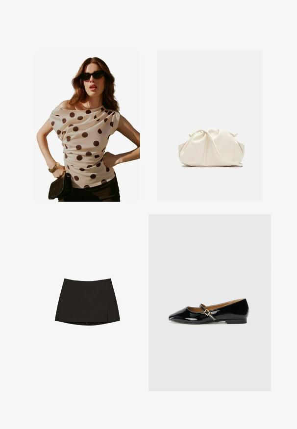 Cremfarbene Bluse mit Polka-Dots, drapiertem Ausschnitt und kurzen Ärmeln, kombiniert mit einer schwarzen Clutch und Sonnenbrille. Glattes, leichtes Material.; Schwarzer Minirock mit geradem Schnitt und einem leichten Schlitz an der Seite. Hergestellt aus glattem Stoff, mit einem sauberen Saum und minimalistischem Design.; Schwarze Lackleder-Ballerinas mit spitzem Zehenbereich, einem Knöchelriemen mit goldfarbener Schnalle und niedrigem Blockabsatz. Glatte, glanzvolle Oberfläche.; Cremfarbener, weicher Kunstlederbeutel mit gerafftem Design, verstellbarem Schultergurt und subtiler Kordelzug-Verschluss. Glatte Textur und runde Form.