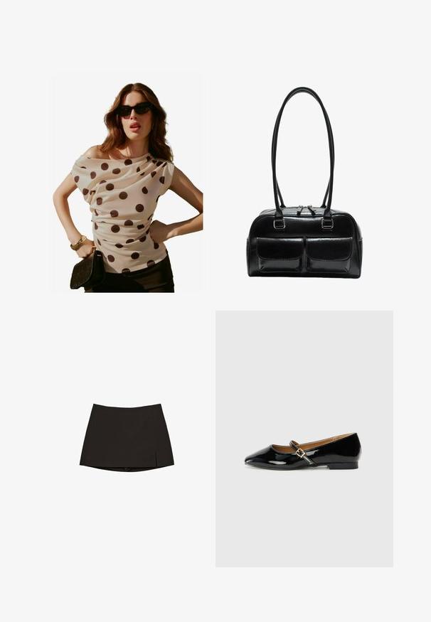 Krémová halenka s puntíky, draped výstřihem a krátkými rukávy, spárovaná s černým psaníčkem a slunečními brýlemi. Hladká, lehká tkanina.; Černá mini sukně s rovnými liniemi a mírným bočním rozparkem. Vyrobena z hladké tkaniny, s čistým lemem a minimalistickým designem.; Černé lakované baleríny s špičatou špičkou, kotníkovým páskem s zlatým sponou a nízkým blokovým podpatkem. Hladký, lesklý povrch.; Černá kožená kabelka se dvěma předními kapsami, dvojitými uchy a zipovým uzávěrem. Hladký povrch a kulatý tvar.