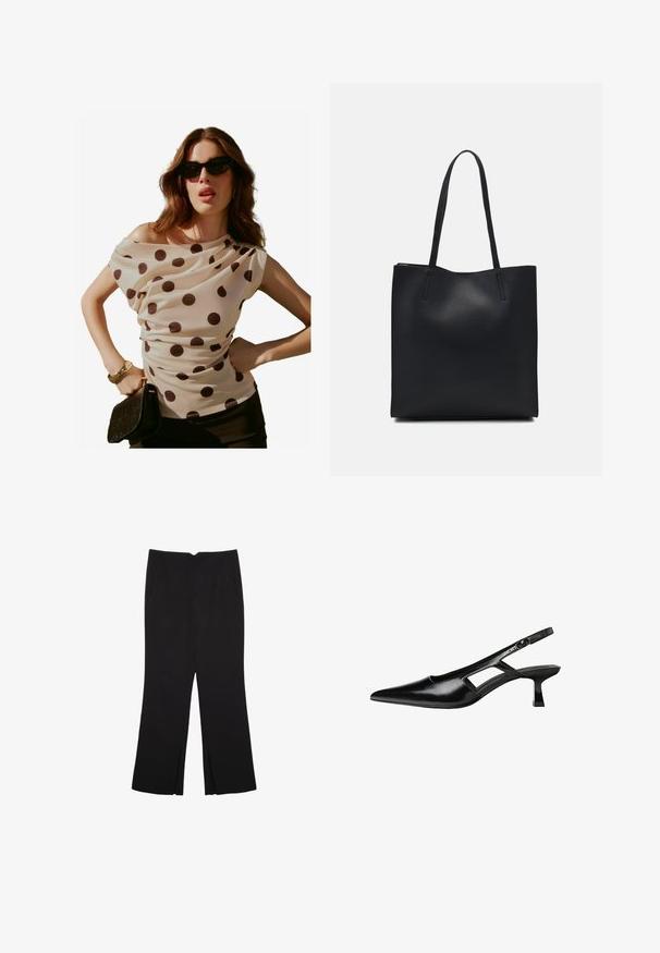 Krémová blúzka s bodkami, s drapovaným výstrihom a krátkymi rukávmi, skombinovaná s čiernym clutchom a slnečnými okuliarmi. Hladká, ľahká tkanina.; Čierne nohavice so strihom rovného strihu, s prednými vreckami a bočnými rozparkami na leme. Vyrobené z mäkkej, hladkej tkaniny. Vhodné na rôzne príležitosti.; Čierne lakované kožené lodičky na podpätku s špicatou špičkou, výrezovým dizajnom na boku a malým štvorcovým podpätkom. Hladký povrch s minimálnymi akcentmi.; Čierna kožená taška na rameno s hladkým povrchom, obdĺžnikovým tvarom a dvoma dlhými uchami. Bez viditeľného kovania alebo ozdôb.