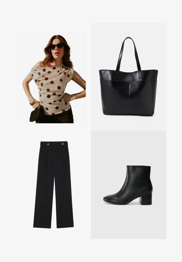 Krém színű, pöttyös blúz drapériás nyakkivágással és rövid ujjakkal, fekete lakk táskával és napszemüveggel párosítva. Simaság, könnyű anyag.; Fekete, bő szárú nadrág magas derékkal, gombos részletekkel a derékrészen és elülső pliszékkal.; Fekete bőr bokacsizma hegyes orral és vastag sarokkal. Sima felület minimális díszítéssel és karcsú, passzos kialakítással.; Fekete bőr bevásárlótáska két hosszú fogantyúval, sima felülettel és strukturált formával. Elülső zseb található rajta a plusz tárolás érdekében.