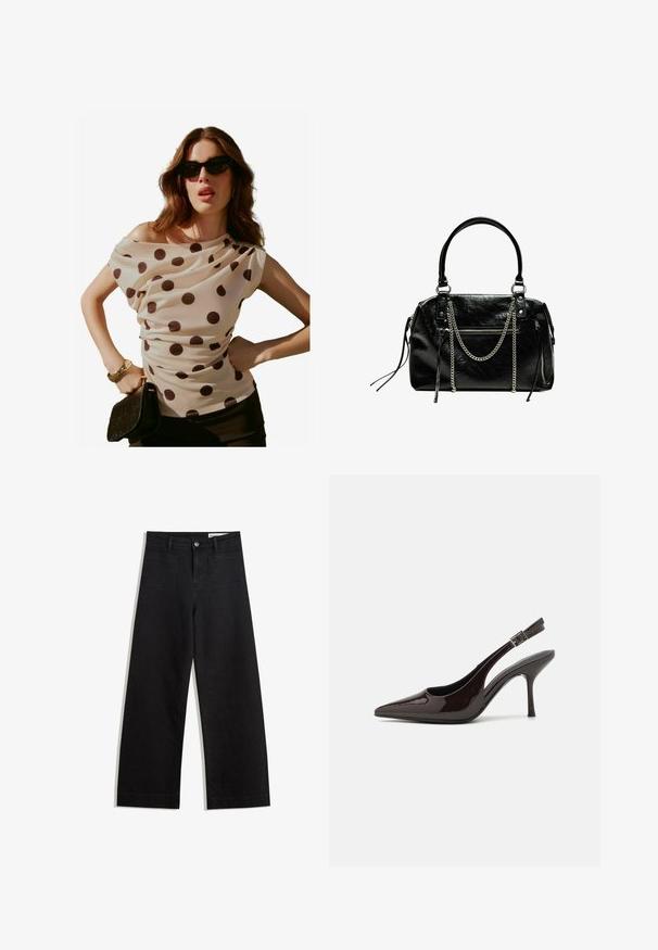 Krémová blúzka s bodkami, s drapovaným výstrihom a krátkymi rukávmi, skombinovaná s čiernym clutchom a slnečnými okuliarmi. Hladká, ľahká tkanina.; Čierne denimové nohavice s širokými nohavicami a vysokým pásom, so prednými a zadnými vreckami, šitými švami a zapínaním na gombík. Hladká textúra.; Slingback vysoké opätky v lesklej tmavohnedej lakovej koži, so špicatou špičkou, otvorenými stranami a nastaviteľným remienkom na členku.; Bershka WITH CHAIN - Kabelka - black