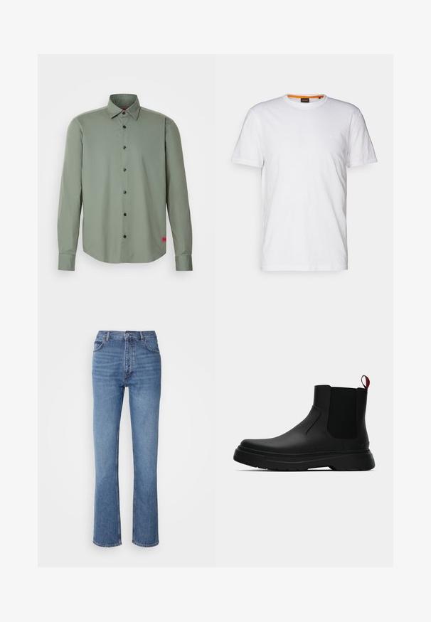Olive žalios spalvos mygtukinė marškiniai, pagaminti iš lygios medžiagos. Turi ilgomis rankovėmis, juodais mygtukais ir mažą raudoną akcento etiketę ant apvado.; Balta medvilnė marškinėliai su apvalia iškirpte, trumpomis rankovėmis ir subtiliu iškilniu logotipu ant krūtinės. Viduje esantis etiketas turi oranžinį akcentą.; Mėlyni džinsai su aukštu liemeniu, tiesaus kirpimo dizainu ir subtiliu išblukimu. Turi klasikinį penkių kišenių stilių ir užtrauktuko uždarymą.; Juodas kulkšninis batas su lygiu paviršiumi, elastiniais šonų intarpais ir kontrastingu raudonu kilimėliu, turintis storą guminį pado ir apvalią nosį.