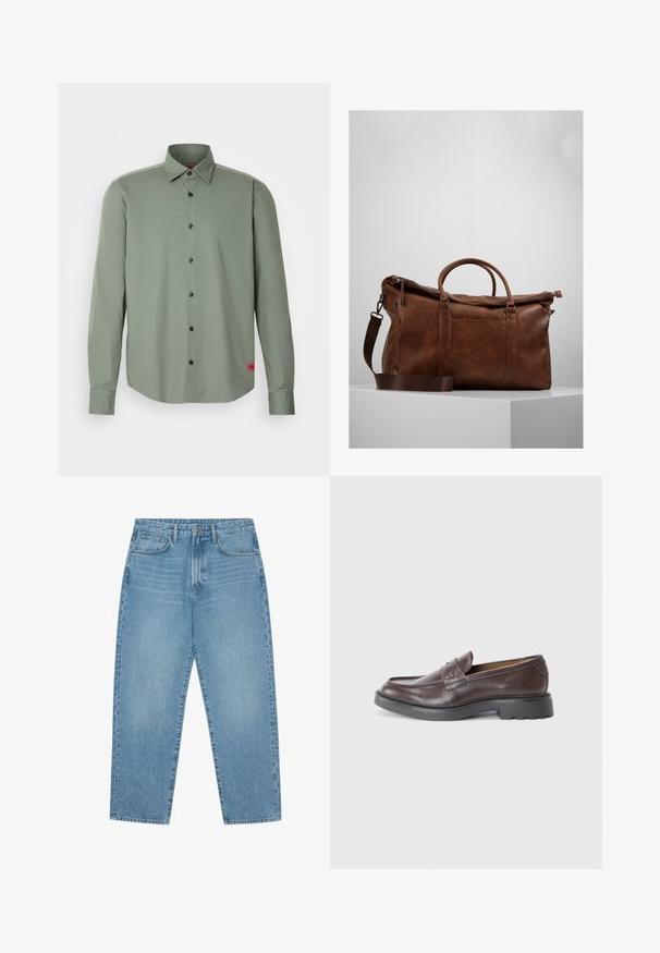 Hemd mit Knopfleiste in Olivgrün, aus glattem Stoff. Mit langen Ärmeln, schwarzen Knöpfen und einem kleinen roten Akzentlabel am Saum.; Hellblaue Jeans im weit geschnittenen Stil mit hoher Taille, ausgestattet mit fünf Taschen, Gürtelschlaufen und einer weichen, leicht verblassten Textur.; Braune Lederloafers mit glatter Oberfläche, runder Zehenpartie, minimaler Naht und dicker schwarzer Gummisohle. Kein sichtbares Zubehör oder Akzente.; Braune Leder-Duffel-Tasche mit Reißverschluss, doppelten Griffen, verstellbarem Schultergurt und sichtbaren Texturmuster auf der Oberfläche.
