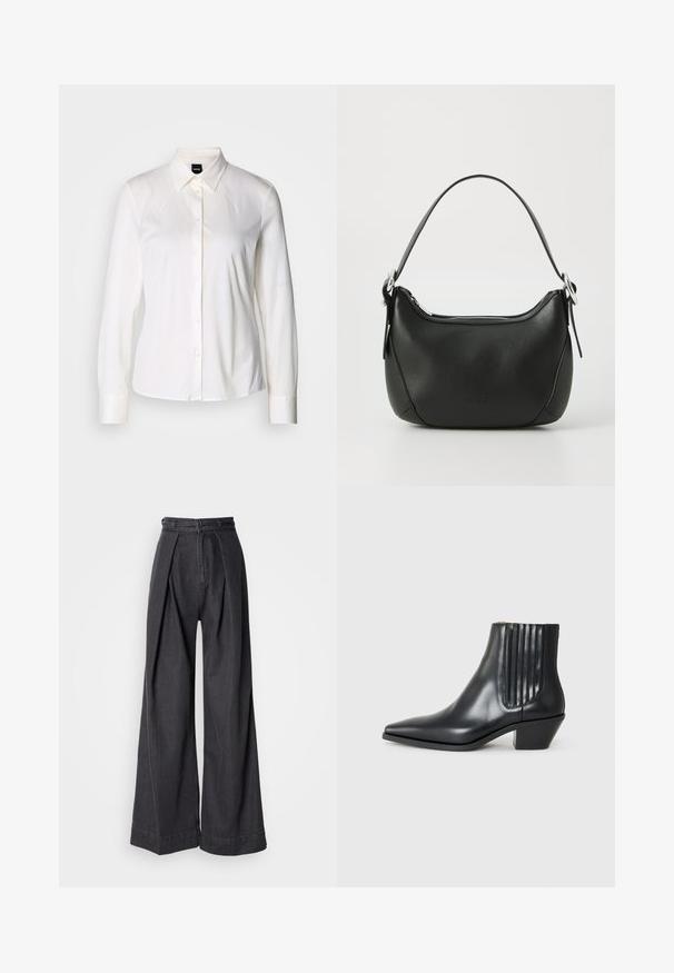 White long-sleeve button-up shirt with a classic collar and soft cotton fabric, featuring a slim fit and simple design without patterns.; Gray sleeveless turtleneck top, body-hugging fit, ribbed texture, smooth fabric, features high neck and stylish shoulder cutouts.; Wide-leg black denim trousers with a high waist, featuring front pleats and a classic zip closure. Crisp, smooth texture with a clean finish.; Black leather ankle boot with pointed toe, elastic side panels with vertical grooves, and a low block heel. Smooth texture and sleek design.; Black leather handbag with a curved shape, silver zipper, and a short handle. Features a subtle logo on the front and smooth texture.