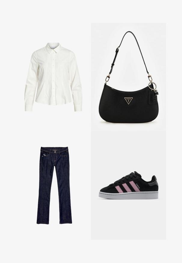 Balta marškiniai su mygtukais, pagaminti iš medvilnės, su klasikiniu apykakle, ilgomis rankovėmis ir subtiliomis pintuck detalėmis priekyje. Lygi tekstūra.; Tamsiai mėlyni džinsai su tiesaus silueto dizainu, turintys priekinį mygtuką, penkis kišenes ir matomus siūlus palei siūles.; Juodas zomšinės sportbačiai su rožine trijų juostelių dizaino, pilku guminiu padu ir tekstūruota liežuvėliu. Pridedama prekės ženklas šone ir kulne.; Juodas sintetinės medžiagos petinės rankinės su lenkta siluetu, tekstūruota apdaila, auksiniu trikampiu logotipu ir nuimamais aksesuarais.; Gėlavandenių perlų vėrinys su vienodais apvaliais baltais perlais, užbaigtas sidabriniu užsegimu ir prailginimo grandinėle, leidžiančia reguliuoti ilgį.