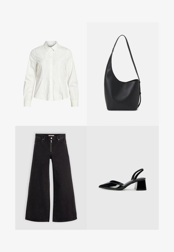 White button-up shirt made of cotton, with a classic collar, long sleeves, and subtle pintuck detailing in the front. Smooth texture.; Wide-leg jeans in black denim with a zippered front, five-pocket design, and subtle stitching details. Smooth texture and casual style.; Black patent leather slingback heels with a pointed toe and a geometric block heel. Features a sleek, minimal design and smooth texture.; Black leather hobo bag with a smooth texture, curved shape, and single adjustable strap; features a wide opening at the top.