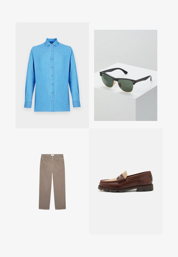 Világoskék, hosszú ujjú, gombos ing, texturált anyagból készült. Gallérral és egy kis, hímzett logóval rendelkezik a mellkasán.; Fehér pamut ujjatlan felső kerek nyakkivágással, széles vállpántokkal és egyenes szegéllyel, sima textúrával, látható minták nélkül.; Barna egyenes szárú farmer, amely öt zsebes kialakítással, fém kiegészítőkkel és sima textúrával rendelkezik. Az anyag finom, egyenletes mintázatú.; Barna bőr loafer cipők taupe vászon díszítéssel, varrott részletekkel és texturált gumi talppal, amely a kényelemről és tartósságról gondoskodik.; Ray-Ban napszemüveg zöld lencsékkel, fekete műanyag kerettel és arany díszítéssel a széleken. Négyzet alakú, matt felülettel.