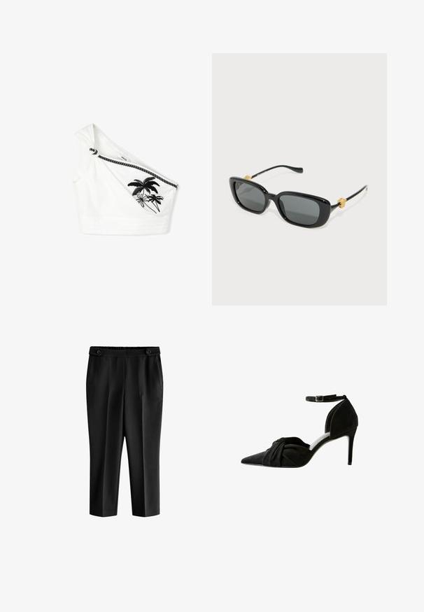 Top corto de algodón blanco con un hombro, que presenta un detalle anudado y bordado de palmera negra. Tejido texturizado con costuras horizontales.; Pantalones cortos negros de corte recto con un ajuste relajado, cintura elástica y dos bolsillos frontales. La tela tiene una textura suave con un acabado ligeramente brillante.; Zapato de tacón alto de ante negro con puntera afilada, detalle anudado en la parte frontal, correa en el tobillo y un delgado tacón tipo stiletto.; Gafas de sol rectangulares negras con lentes grises y acentos de cabeza de león dorados en las patillas. Montura de plástico suave, diseño elegante.; Bolso de cuero negro con un diseño estructurado, asa superior, correa desmontable y herrajes en tono dorado en un cierre magnético.