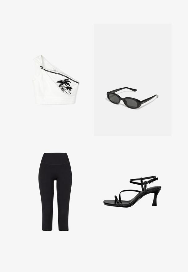 Weißes Baumwoll-Crop-Top mit einem Schulterträger, mit geknotetem Detail und schwarzer Palmenstickerei. Strukturiertes Gewebe mit horizontalen Nähten.; Schwarze 3/4-Leggings aus dehnbarem Material mit hohem Taillenbund und ohne sichtbare Muster oder Hardware.; Schwarze Leder-Sandalen mit Absatz, ausgestattet mit dünnen Riemen, einer quadratischen Zehenpartie und einem Stiletto-Absatz. Verstellbarer Knöchelriemen für eine optimale Passform. Glatte Textur.; Schwarze Sonnenbrille mit ovalen Gläsern, glänzendem Kunststoffrahmen und schlanken Bügeln. Mit Ray-Ban-Logo in Weiß an der Seite.; Schwarze synthetische Schultertasche mit geschwungenem Silhouette, strukturiertem Finish, goldenem Dreiecks-Logo und abnehmbaren Hardware-Akzenten.