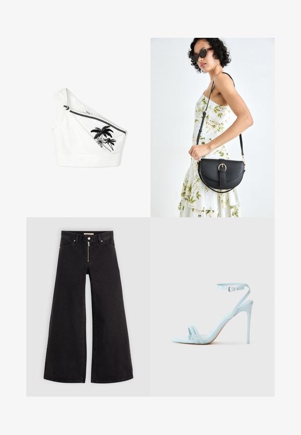 Biały bawełniany crop top na jedno ramię, z węzłem i czarnym haftem palmy. Teksturowany materiał z poziomym przeszyciem.; Jeans o szerokich nogawkach w czarnym denienie z zamkiem błyskawicznym z przodu, pięcioma kieszeniami i subtelnymi detalami przeszycia. Gładka tekstura i swobodny styl.; Jasnoniebieskie sandały na szpilce z dwoma przednimi paskami i paskiem na kostkę, wykonane z gładkiego materiału lakierowanego, z cienką szpilką i minimalistycznym designem.; Czarna skórzana torebka o zakrzywionym kształcie, z odpinanym paskiem i złotymi akcentami. Torebka posiada klapę z zapięciem w kształcie klamry.