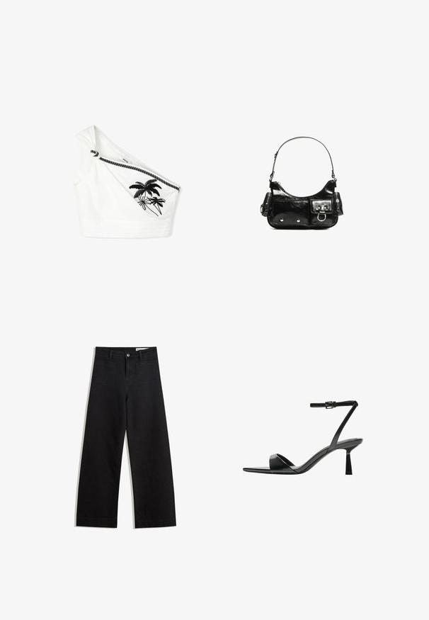 Bílý bavlněný crop top s jedním ramínkem, s uzlovým detailem a černou výšivkou palm tree. Texturovaná tkanina s horizontálním švem.; Černé denimové kalhoty s volným střihem a vysokým pasem, vybavené předními a zadními kapsami, prošívanými švy a knoflíkovým zapínáním. Hladká textura.; Bershka Sandály na vysokém podpatku - black; Černá lakovaná kožená kabelka s křivkovým tvarem, jedním ramenním popruhem, předními kapsami a stříbrnými kovovými detaily.