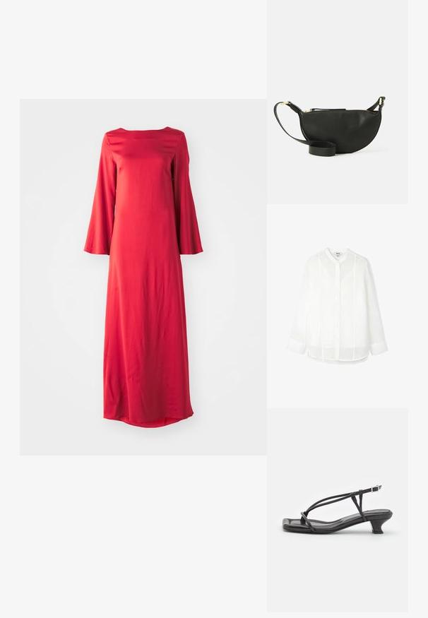 Camisa de lino blanca con cuello mao, cierre frontal de botones y mangas largas. Presenta sutiles detalles de costura vertical.; Largo vestido rojo en tejido liviano, con escote barco y amplias mangas acampanadas. Textura suave con una silueta recta.; Sandal de cuero negro con tiras finas, tacón bajo cuadrado y punta cuadrada. Presenta un cierre de hebilla y una textura suave.; Bolso de cuero negro cruzado con forma de media luna, superficie texturizada, cierre de cremallera dorado y una correa plana. Diseño compacto adecuado para lo esencial.