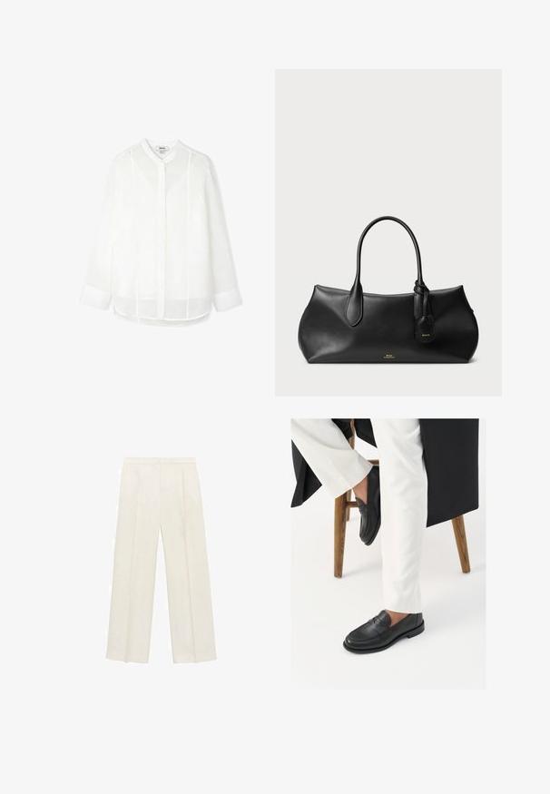 White linen shirt with a mandarin collar, front button closure, and long sleeves. Features subtle vertical stitching details.; Wide-legged trousers in a light cream color. Made from a smooth fabric with pleats at the front and side pockets.; Black leather loafers with a smooth texture and a wide strap detail, worn with white tailored pants. The heel features a flat design.; Black leather handbag with smooth texture, rounded shape, two handles, and a small tag attached. Subtle brand logo in gold on the front.