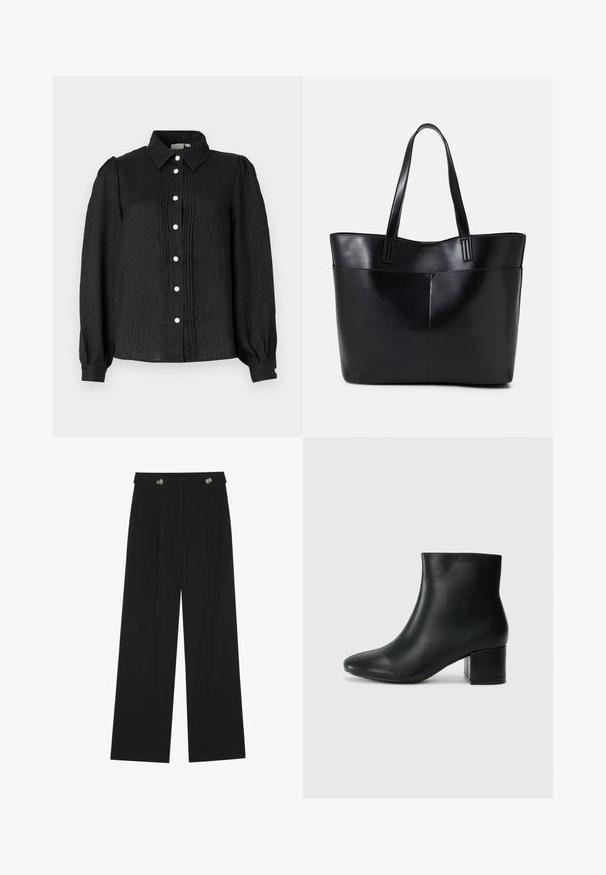 Fekete galléros, gombos ing texturált anyagból, függőleges pliszékkel és gyöngyszerű gombokkal az elején és a mandzsettákon.; Fekete, bő szárú nadrág magas derékkal, gombos részletekkel a derékrészen és elülső pliszékkal.; Fekete bőr bokacsizma hegyes orral és vastag sarokkal. Sima felület minimális díszítéssel és karcsú, passzos kialakítással.; Fekete bőr bevásárlótáska két hosszú fogantyúval, sima felülettel és strukturált formával. Elülső zseb található rajta a plusz tárolás érdekében.