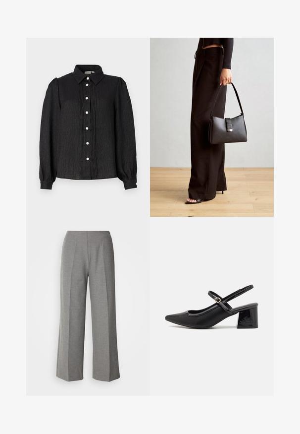 Black collared button-up shirt with textured fabric, featuring vertical pleats and pearl-like buttons along the front and cuff accents.; Gray tailored wide-leg pants with a smooth texture, featuring a flat front and crisp crease lines on each leg.; Black patent leather slingback heels with a pointed toe, a rounded cutout design, and a block heel. Features a gold-tone buckle accent.; Black handbag with structured shape, smooth texture, and a metallic clasp. Paired with wide black pants and open-toe sandals on wooden floor.