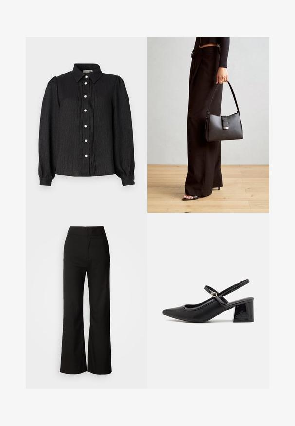 Mustaga kraeghoone nupuvärviga särk, millel on tekstuuriga kangas, vertikaalsed voldid ja pärlilaadsed nupud ees ning mansettide kaunistused.; Mustad laiad püksid sujuva tekstuuriga, kõrge vöökoht ja puhas disain. Ei ole nähtavaid taskuid ega dekoreerimist.; Mustad läikivad nahast slingback-kõrged kontsad, millel on terav nina, ümar lõikekujundus ja blokknina. Omab kuldset nupu aktsenti.; Must musta kott, millel on struktureeritud kuju, sile tekstuur ja metallist klamber. Kombineeritud laiate mustade pükstega ja avatud varvaste sandaalidega puidust põrandal.