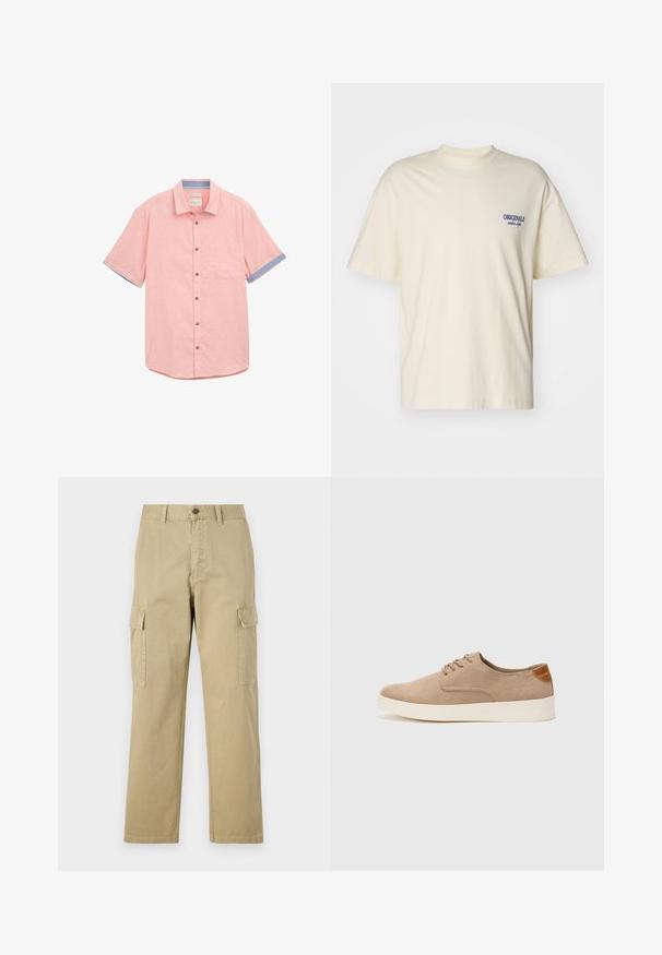 Šviesiai rožinė trumpo rankovėmis marškiniai su kišene, kontrastinga mėlyna apdaila ant rankovių, sagų uždarymas ir tekstūruotas audinys.; Trumpas rankovės kreminės spalvos marškinėliai, pagaminti iš medvilnės. Savyje turi nedidelį mėlyną "ORIGINALS" logotipą kairėje krūtinės pusėje. Klasikinis pjūvis ir apvalus kaklas.; Kreminės spalvos cargos kelnės, pagamintos iš medvilnės, su dviem šoninėmis kišenėmis, mygtukų užsegimu ir tiesiomis kojomis, šiek tiek tekstūruotu audiniu.; Bežiniai zomšiniai sportbačiai su apvaliomis pirštų dalimis, raišteliais priekyje ir tekstūruotu užkulniu. Balta guma suteikia kontrastą. Paprastas ir modernus dizainas.