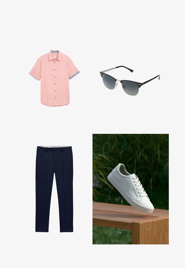 Svetlo roza majica s kratkimi rokavi z žepom, kontrastno modrim obrobljanjem na rokavih, z gumbom za zaklepanje in teksturirano tkanino.; Temno modri hlače s ožjim krojem in vzorcem črt. Zasnovane so z zadrgo, pasnimi zankami in sprednjimi žepi. Gladek teksturiran material.; Beli vezani športni čevlji, ki lebde nad leseno klopjo z zelenim rastlinjem v ozadju, prikazujejo obliko in teksturo čevlja.; Črne in srebrne sončna očala v obliki mačjih oči, z gradientnimi lečami in kovinskimi dodatki na okvirju. Plastične ročke s sivimi konicami.