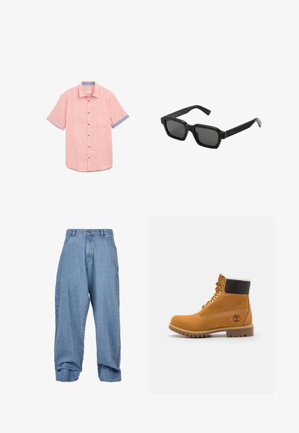 Jasnoróżowa koszula z krótkim rękawem z kieszonką, kontrastowymi niebieskimi wykończeniami rękawów, zapięciem na guziki i fakturowanym materiałem.; Jasnoniebieskie dżinsowe spodnie o luźnym kroju, z zapięciem na guziki, przednimi kieszeniami i mankietami, charakteryzujące się klasycznym pięciokieszeniowym stylem.; Brązowy skórzany but za kostkę z metalowymi oczkami, białym futerkiem w środku, czarnym wyściółką, solidną podeszwą i wytłoczonym logo po boku.; Czarne, kwadratowe okulary przeciwsłoneczne z szarymi soczewkami. Grube plastikowe oprawki mają złote akcenty i logo na skroni. Gładka tekstura.