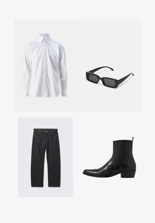 Bijela košulja dugih rukava od glatkog materijala, s klasičnim ovratnikom, kopčanjem sprijeda i suptilno izvezenim logotipom u donjem lijevom kutu.; Crne traperice s ravnim krojem, s gumbom za zatvaranje, pet džepova i akcentima od bakrene boje. Glatka tekstura.; Crne kožne gležnjače s šiljastim vrhom, elastičnim bočnim panelima, okomitim šavovima i niskom blok petom.; Crne pravokutne sunčane naočale s tamnim lećama, sjajnim završetkom, širokim drškama i masivnim okvirom. Ugraviran naziv branda na jednoj dršci.