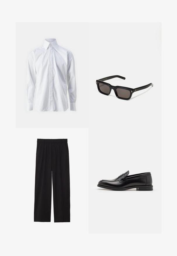 Witte langetermijnsokken met lange mouwen, gemaakt van gladde stof, met een klassieke kraag, knoopsluiting en fijn geborduurd logo op de linkeronderkant.; Zwarte wijde broek met geplooide voorkant, zijzakken en een gladde stoftextuur. Ontworpen voor een ontspannen pasvorm.; Zwarte leren instappers met een gladde textuur, ronde neus en een decoratieve band over de wreef. Lage, gestapelde hak en minimalistisch ontwerp.; Zwarte rechthoekige zonnebril met donkere lenzen, een dik plastic montuur, gouden accenten op de veren en het merkembleem gegraveerd op de arm.; Bordeaux leren totebag met twee handvatten, gladde textuur, minimalistisch ontwerp, inclusief een kleine losse pouch en decoratieve accenten.