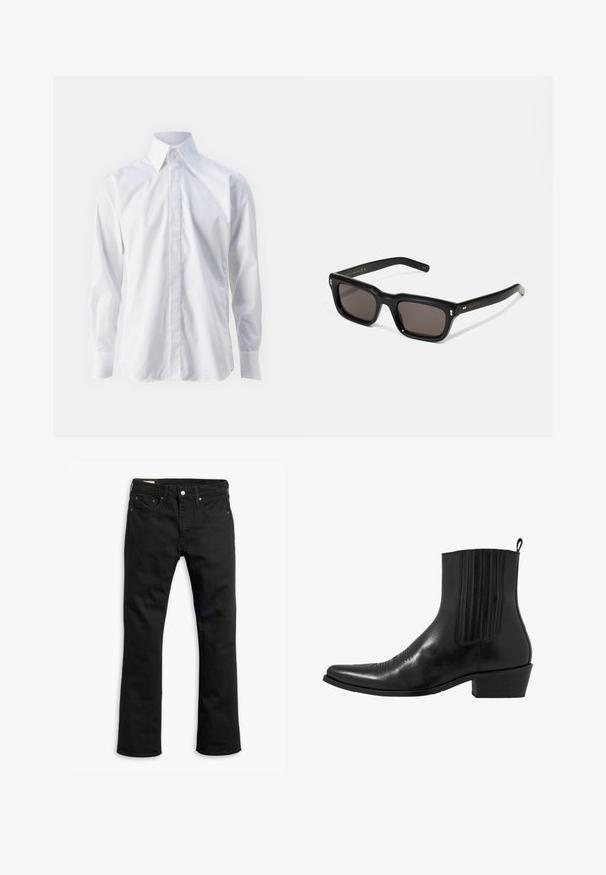 Witte langetermijnsokken met lange mouwen, gemaakt van gladde stof, met een klassieke kraag, knoopsluiting en fijn geborduurd logo op de linkeronderkant.; Zwarte denim jeans met een recht gesneden ontwerp, vijf zakken, metalen knoopsluiting en subtiele stikseldetails. Gladde textuur en effen kleur.; Zwarte leren enkellaarzen met een spitse neus, elastische zijpanele, verticale stiksels en een lage blokhak.; Zwarte rechthoekige zonnebril met donkere lenzen, een dik plastic montuur, gouden accenten op de veren en het merkembleem gegraveerd op de arm.