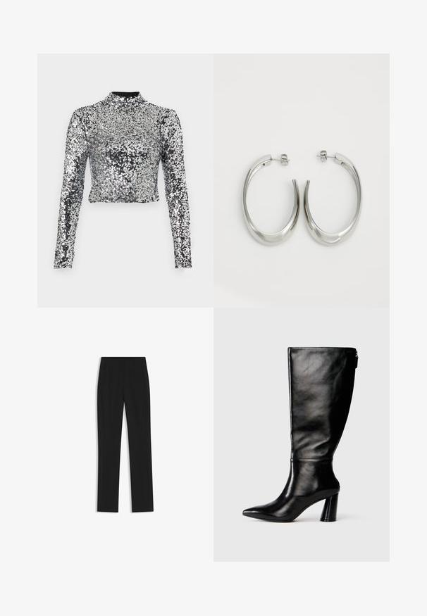 Hübsches, halbkurzes Langarmoberteil aus silbernen Pailletten mit hohem Kragen. Der Stoff ist glänzend mit einer strukturierten Oberfläche, die Licht reflektiert.; Schwarze maßgeschneiderte Hose mit geradem Bein, ausgestattet mit Fronttaschen und einem glatten, strukturierten Stoff. Saubere, minimale Details.; Knöchelhohe schwarze Lederstiefel mit einer spitzen Zehe, glatter Oberfläche und einem klobigen Absatz. Verfügt über einen Reißverschluss hinten.; Silberne Creolen mit einem glatten, geschwungenen Design. Mit einem glänzenden metallischen Finish und Steckverschluss. Keine sichtbaren Muster oder Akzente.