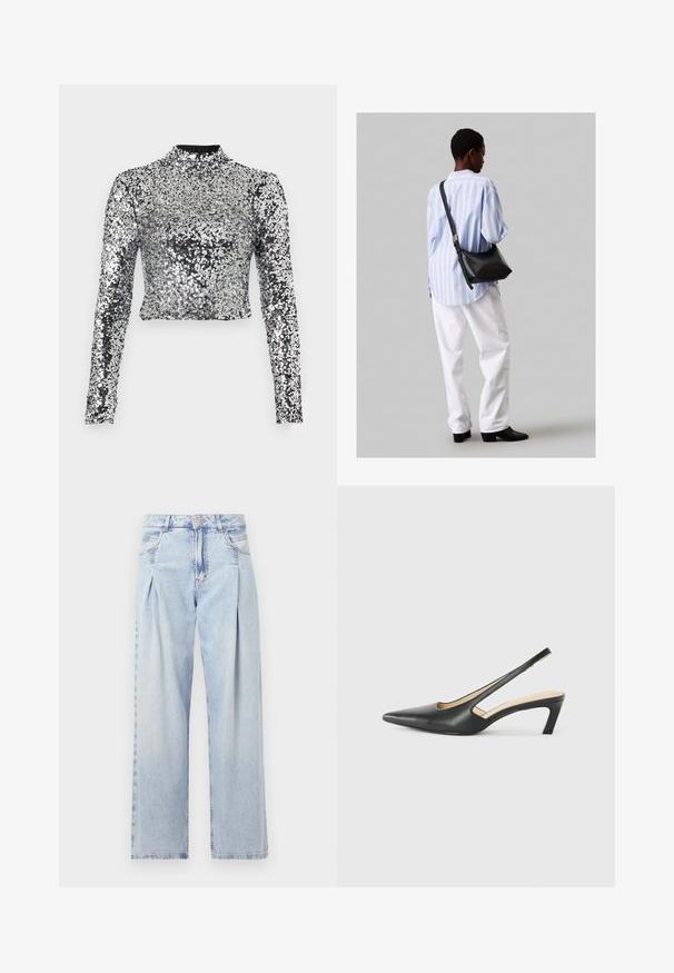 Ezüst flitterekből készült, hosszú ujjú, cropped top, magas nyakkal. Az anyag fényes, texturált felületű, amely visszaveri a fényt.; Világoskék farmernadrág magas derekú, bő szabású, két oldalsó zsebbel és pliszírozott dizájnnal. Puha tapintású, elhalványított felület.; Fekete, hegyes orrú, slingback cipő alacsony sarkával, sima bőrből készült, oldalt kivágott deisgnal a légáteresztőképesség érdekében.; Fekete bőr válltáska puha tapintással, háromszög alakú, állítható pánttal, világoskék csíkos inggel és fehér nadrággal párosítva.