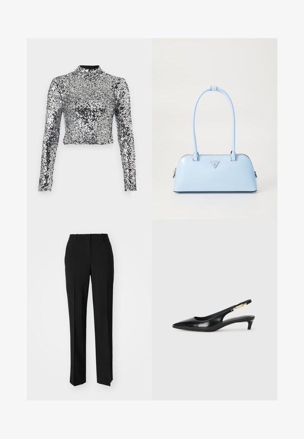 Sidabrinių pašalinių blizgučių ilgo rankovio trumpas topas su aukštu iškirpimu. Medžiaga blizgi, su tekstūruota paviršiumi, atspindinčiu šviesą.; Juodi pritaikyti kelnių modeliai su tiesiomis kojomis, pasižyminčios lygiomis tekstūromis ir ryškiomis klostėmis priekyje. Nėra matomų detalių.; Juodas odinis pavasario batelių modelis su smailiu nosiu, turintis siaurą kulniuką ir auksinės spalvos akcentu reguliuojamoje juostoje. Lygi tekstūra.; Šviesiai mėlyna rankinė su struktūriška forma, lygaus odos paviršiaus, dviem rankenomis ir trikampiu prekės ženklo logotipu priekyje. Užtraukiama uždanga.