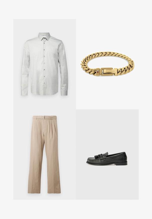 Vaaleanharmaa pitkähihainen pusero sileää kangasta, jossa on napillinen kaulus, etunapit ja hienovarainen kirjailtu logo rinnassa.; Beige, leveled-hameet housut, jotka on valmistettu sileästä puuvillasekoitteesta. Niissä on etupleatsit, ommeltu vyötärönauha ja metallinen solkivyö.; Musta nahkaloaferit, joissa on pyöreä kärki, koristeelliset tupsut ja ommeltu kuvio. Tasapohja, jossa on hienovarainen brändäys sivulla.; Kultaketju, jossa on toisiinsa kytkeytyviä linkkejä, jossa on "HILFIGER"-logo ja punainen sekä sininen yksityiskohta. Sujuva, kiillotettu pinta.