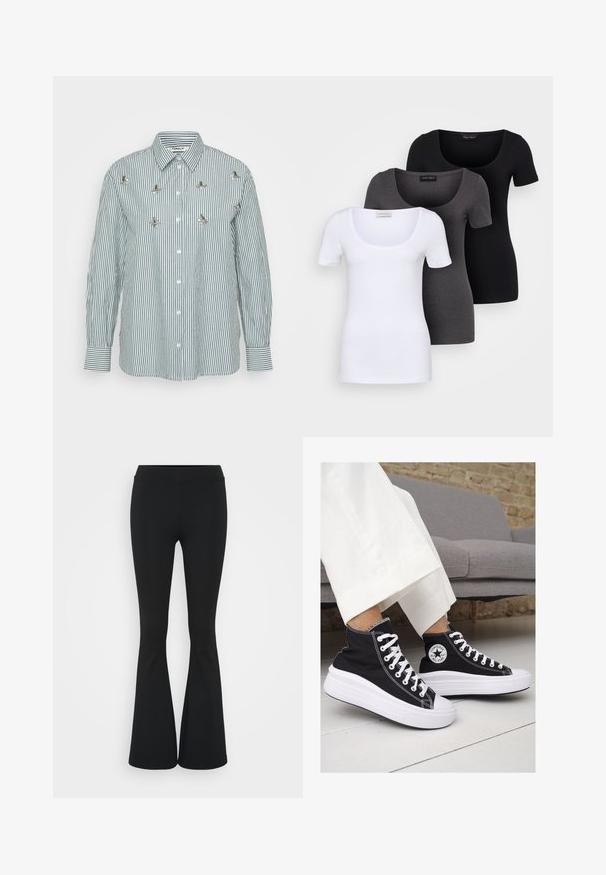 Camicia a maniche lunghe a righe verde e bianca, con strisce verticali, chiusura con bottoni e dettagli decorativi floreali metallici.; Tre T-shirt aderenti in bianco, grigio e nero. Ognuna presenta un ampio scollo a barca e maniche corte. Realizzate in un tessuto morbido e elastico.; Pantaloni neri a zampa d'elefante realizzati in tessuto elasticizzato, con una vita alta e una superficie liscia. I pantaloni si allargano a partire dal ginocchio.; Sneaker alte nere in tela con suole e lacci bianchi. Presentano un logo circolare sul lato e cuciture bianche a contrasto.